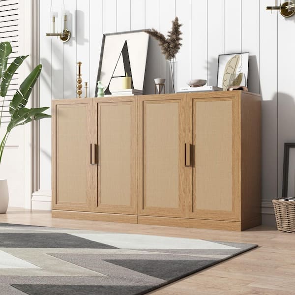 36 in. Tall Natural Wood Grain Wood 2-Shelf Standard Bookcase with Rattan Doors, Storage