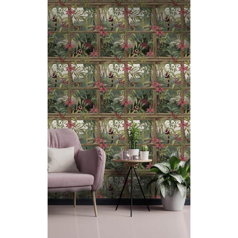 Light Wood Tropical Floral Foliage Non-Woven Wallpaper Double Roll