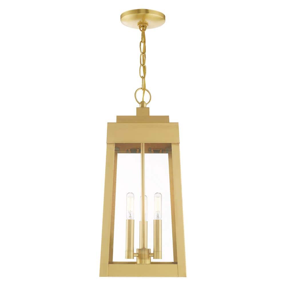 Satin Brass 3-Light Outdoor Pendant Lantern with Clear Glass