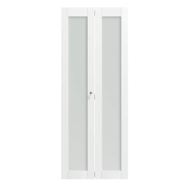 TENONER 30 in. x 80 in. 1-Panel, Frosted Glass, White Solid Core, MDF Wood, PVC Covering Bi-fold Doors with Hardware Kits