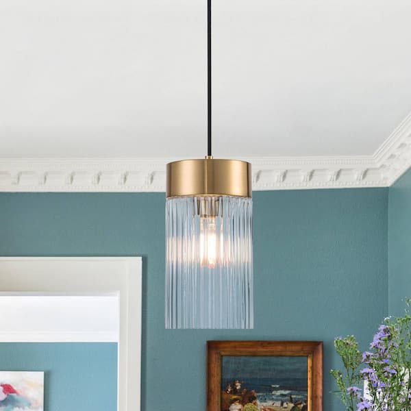 1-Light Brass Cylinder Kitchen Island Pendant Light with Ribbed Glass Shade