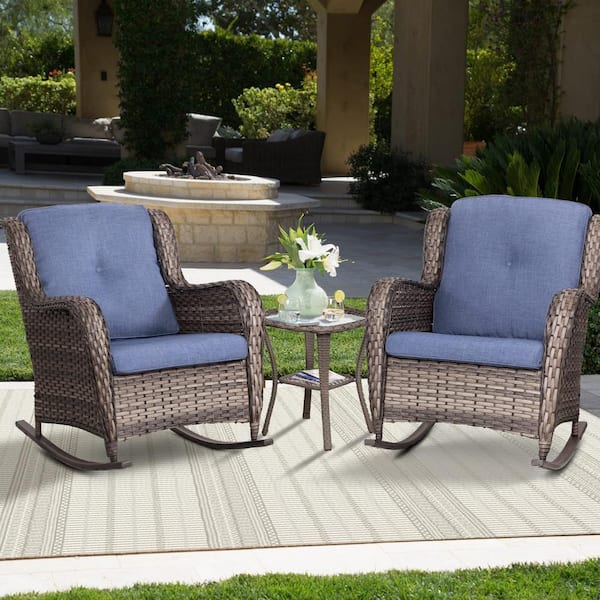 3-Pieces Brown Frame ‎ Wicker Outdoor Rocking Chair, with Matching Side ...