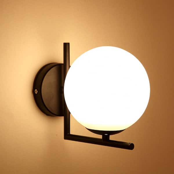 YANSUN 7.87 in.1-Light Black Modern Bathroom Vanity Wall Light with White Shade