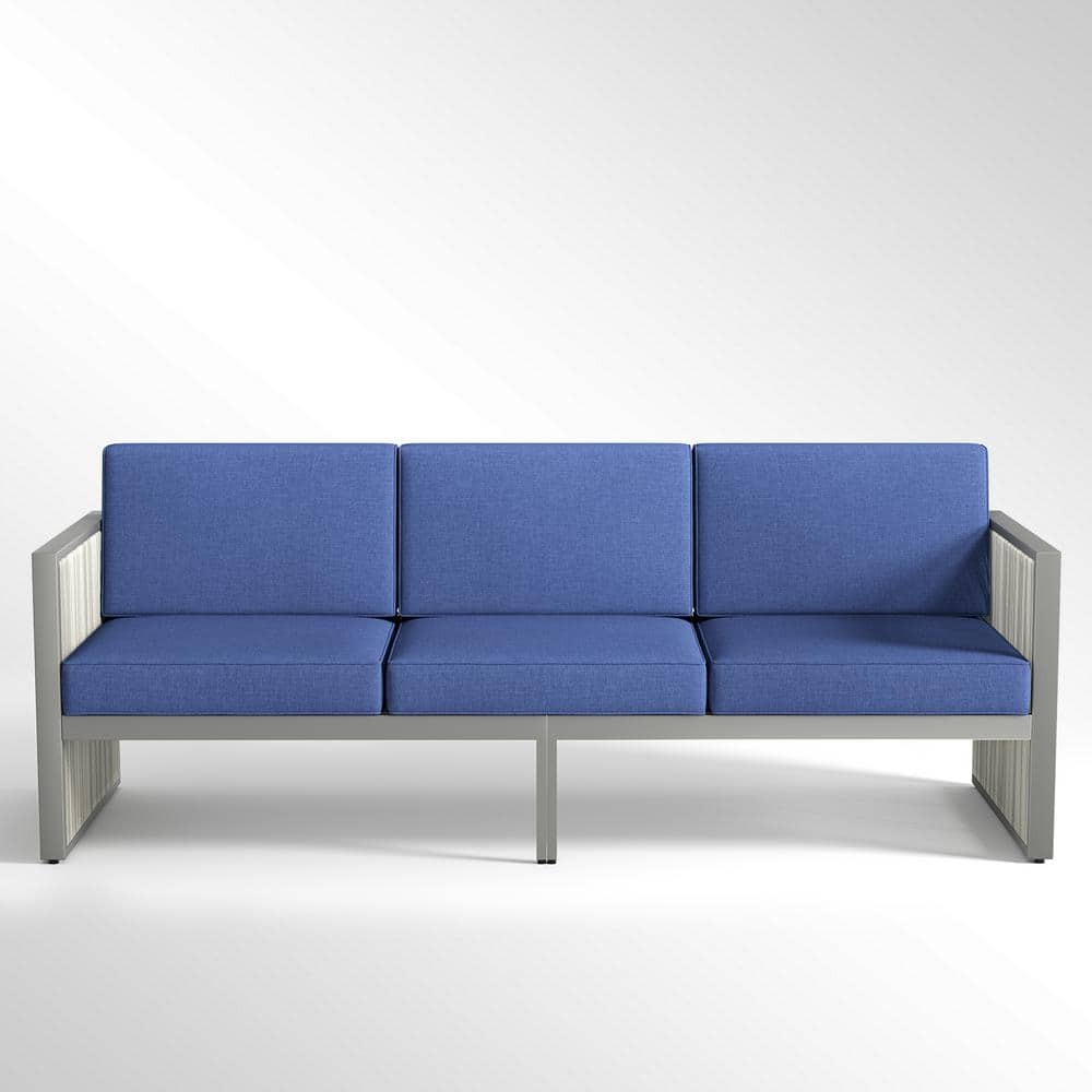 Opohoro SquareChic Metal and Light Beige Wicker Outdoor 3-Seat Sectional Couch Sofa with Olefin Navy Blue Cushions
