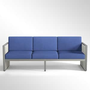 SquareChic Metal and Light Beige Wicker Outdoor 3-Seat Sectional Couch Sofa with Olefin Navy Blue Cushions