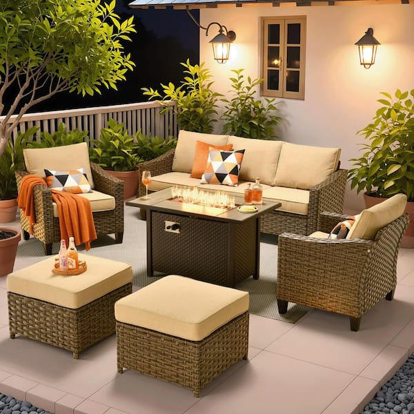 HOOOWOOO Rosy 6-Piece Wicker 5-Seat Outdoor Fire Pit Furniture Patio Conversation Sofa Seating Set with Beige Cushions