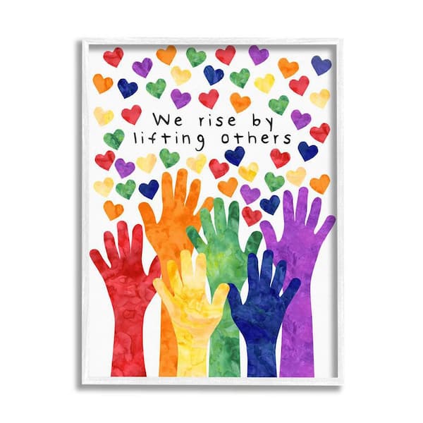 The Stupell Home Decor Collection We Rise by Lifting Others Rainbow Hand Hearts by Erica Billups Framed Typography Art Print 14 in. x 11 in.