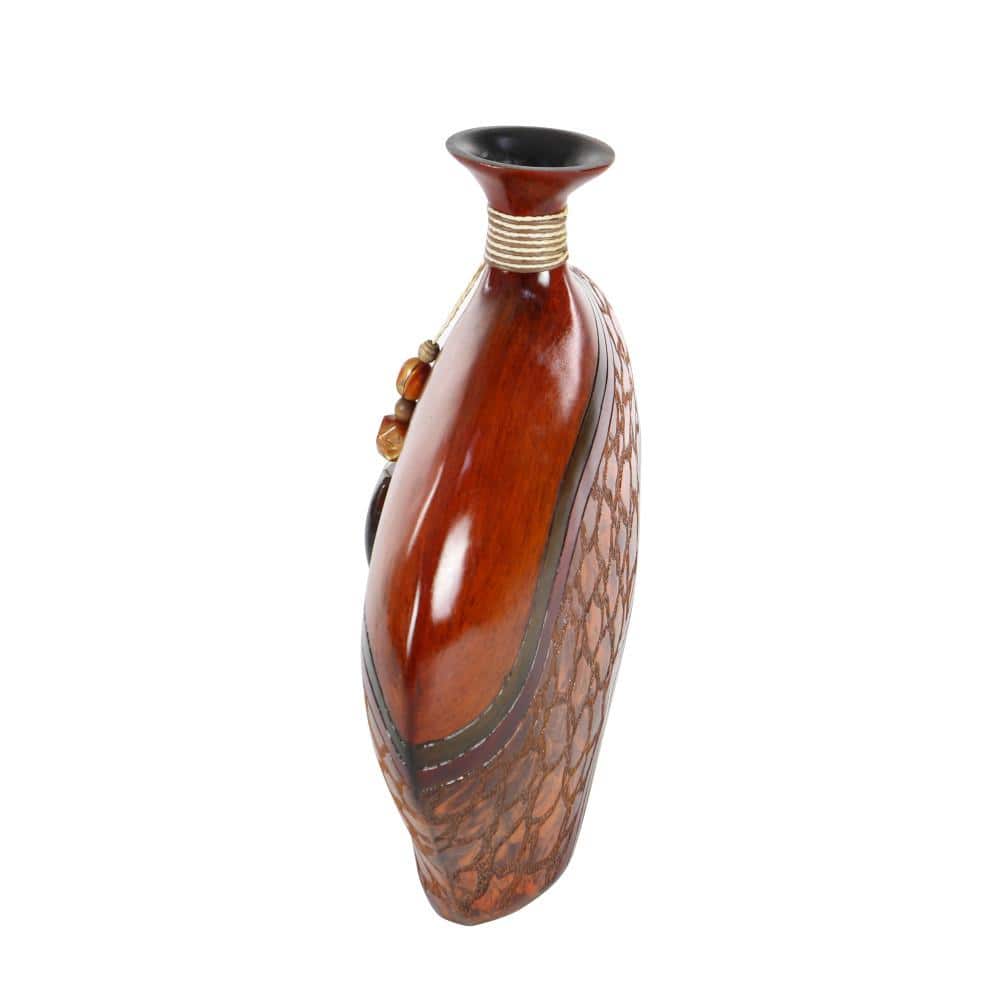 14" Cognac Brown Polystone Vase with Carved Abstract Designs