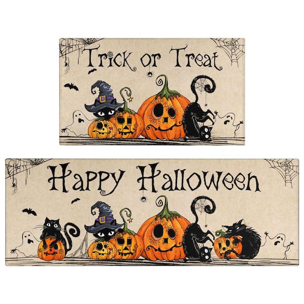 Angel Sar 17 in. x 47 in. and 17 in. x 30 in. Pumpkin Black Cat Trick or Treat Happy Halloween Floor Mats for Home Decor (2-Pack)