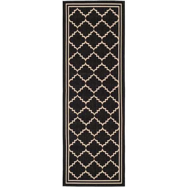 SAFAVIEH Courtyard Black/Cream 2 ft. x 7 ft. Geometric Indoor/Outdoor Patio  Runner Rug