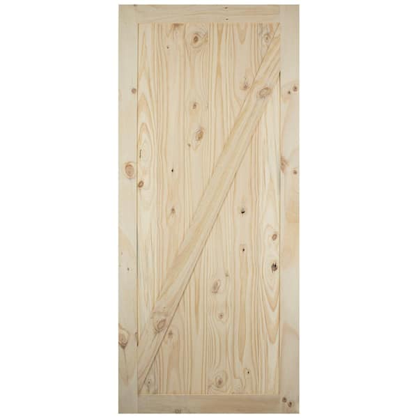 EVERMARK Expressions 37 in. x 84 in. Solid Natural 1-Panel Planked Diagonal Cross Buck Rustic Unfinished Wood Pine Barn Door Slab