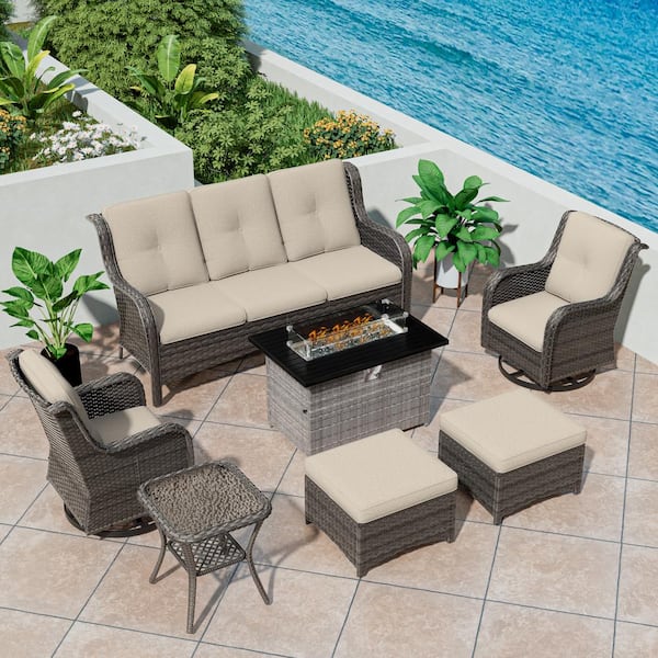 MeetLeisure 7-Piece PE Rattan Wicker Patio Conversation Set Outdoor Chairs and Fire Pit with Beige Cushion