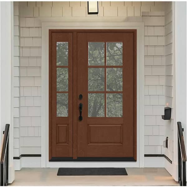 Regency 51 in. x 80 in. 3/4-6 Lite Clear Glass RHIS Chestnut Fiberglass Prehung Front Door w/12in. SL & 8012BLK Lockset