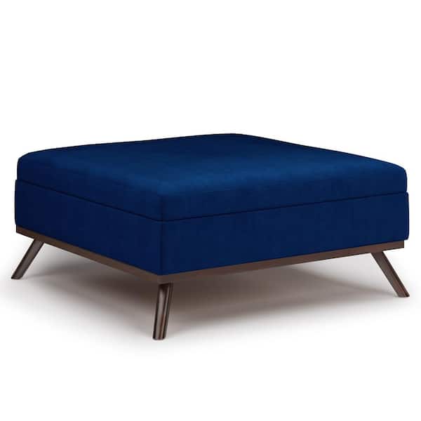 Simpli Home Owen 36 in. Wide Mid Century Modern Square Coffee Table Storage Ottoman in Blue Velvet Fabric