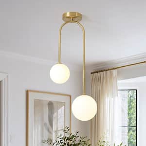 Iliad 2-Light 11 in.L Brushed Brass Curved Arm Semi-Flush Mount with Opal Glass Globes for Bedroom Hallway and Entryway