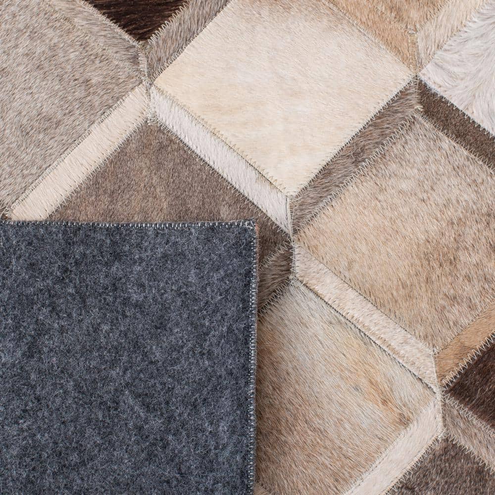 Ivory and Grey Geometric Hand-Knotted Cowhide Area Rug