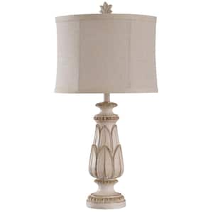 31 in. Cigala Silver - Conical Driftwood Stamped Resin Table Lamp with Brushed Chrome Accents - White Shade