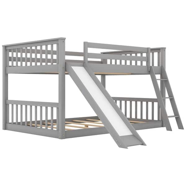 Clihome Solid Wood Gray Full Over Full Bunk Bed with Convertible Slide and Ladder