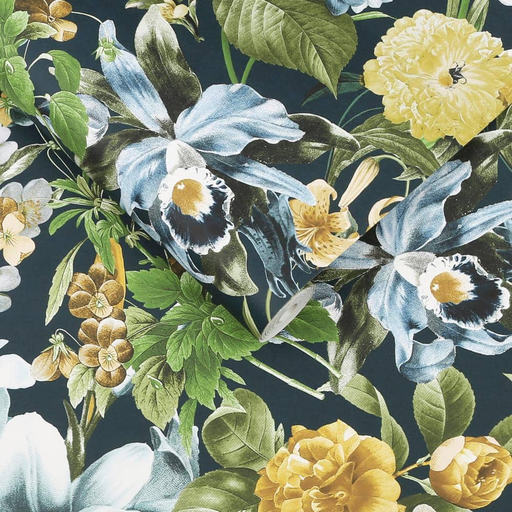 Midnight Garden Flora Blue and Green Wallpaper Roll