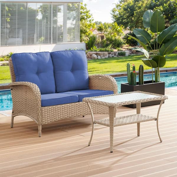 moosprr SleekArm Light Beige PE Wicker Outdoor Loveseat with Blue Cushions and Coffee Table with Tempered Glass