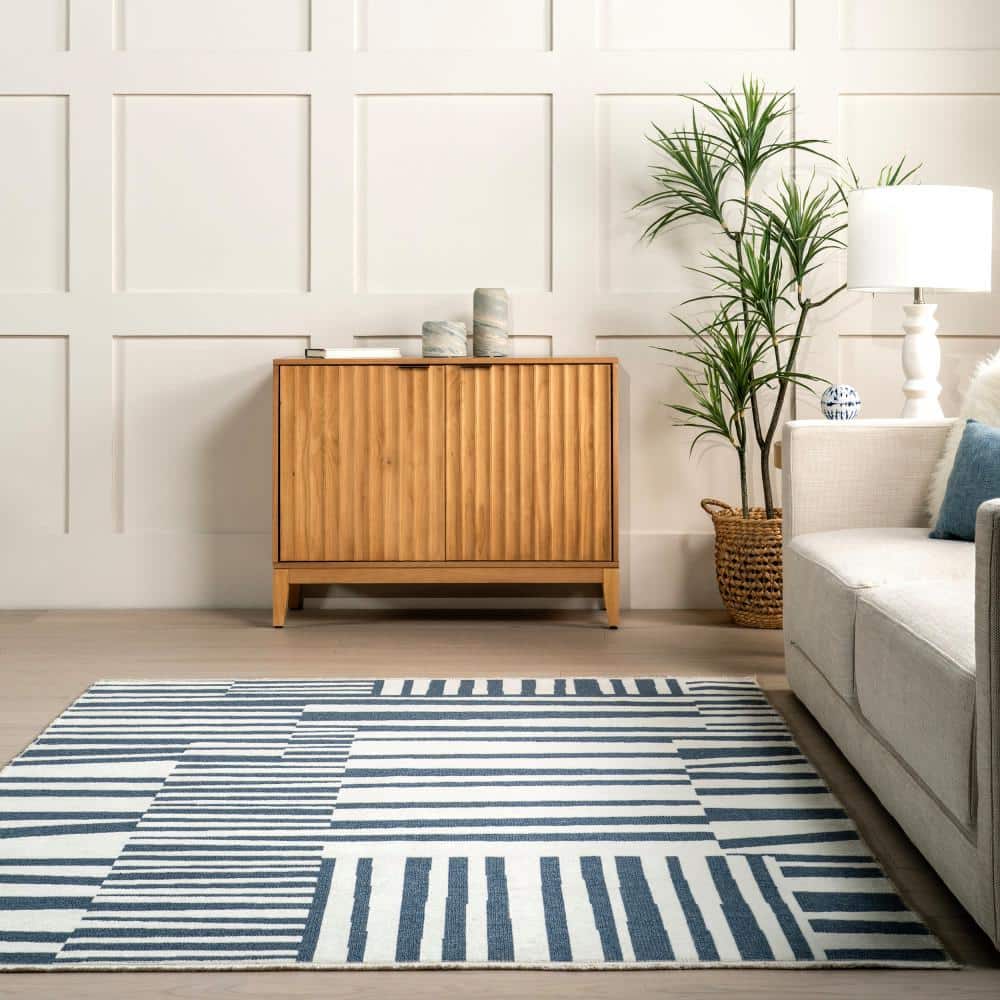 Kelcey Blue and White Abstract Rectangular Washable Rug