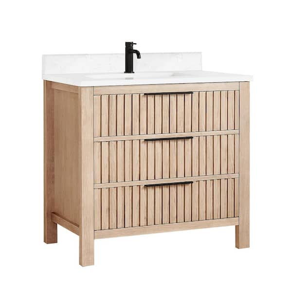 Shenzhen 36 in.W x 22 in.D x 33.9 in.D Single Bath Vanity in Aged Natural Oak with White Engineered Stone Top