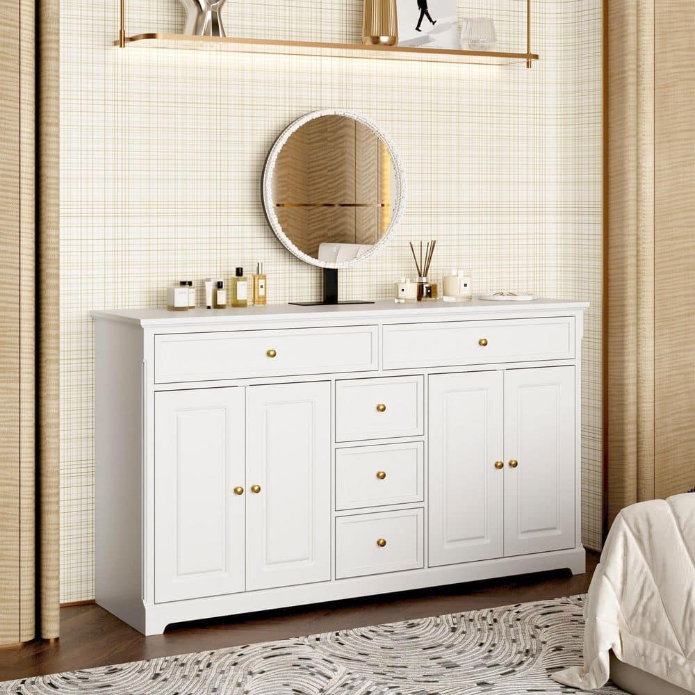 FUFU&GAGA 2-Piece White Makeup Vanity Set with LED Mirror, Storage