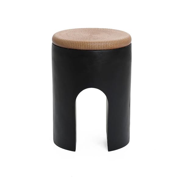 Black with Natural Rattan Finish Cement U-Shaped Base Outdoor Patio Side Table
