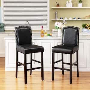 45.00 in. H Black Leatherette Barchair with Studded Decoration Back and Black Solid Rubberwood Legs (Set of 2)