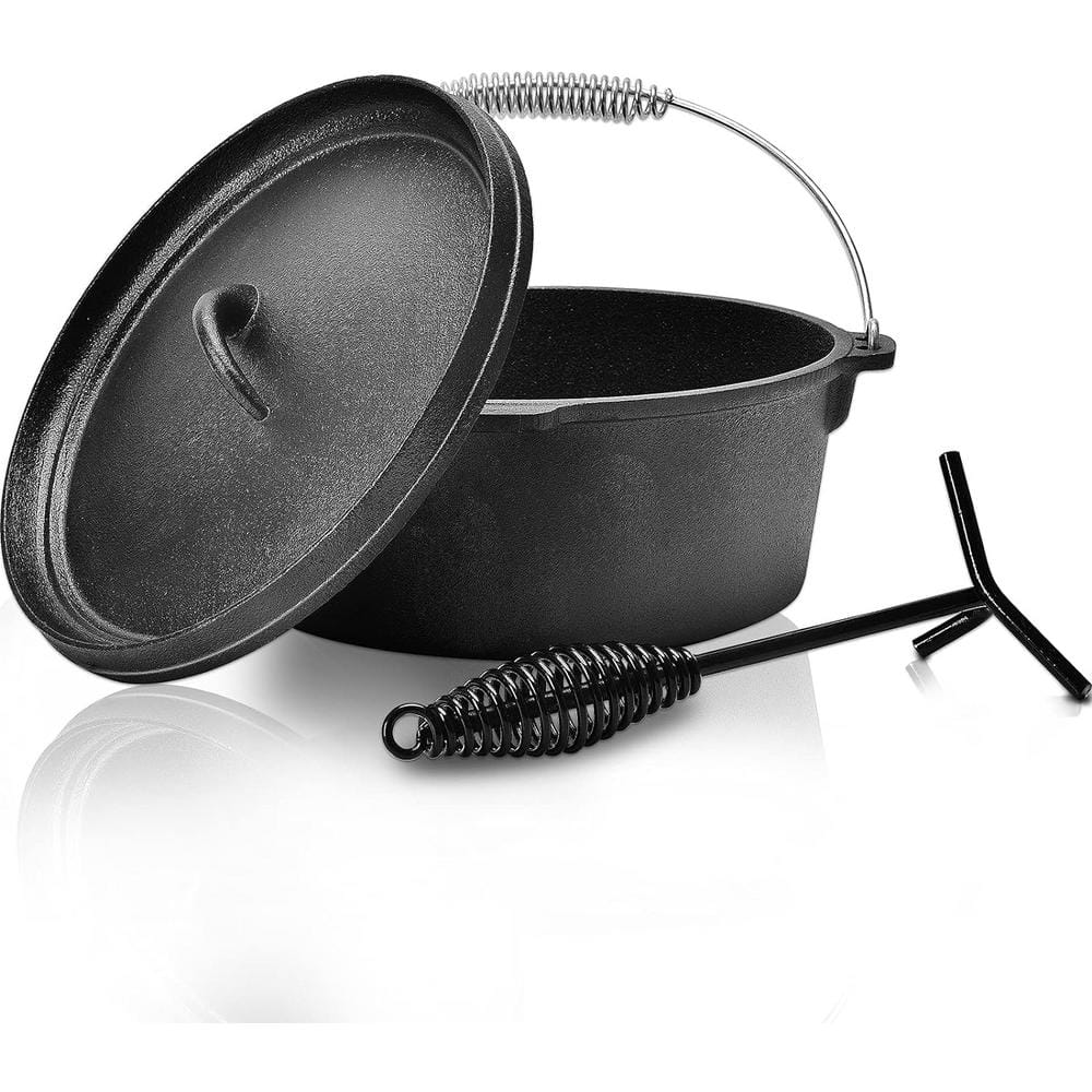 6.5 qt. Round Cast Iron Pre-Seasoned Dutch Oven in Black with Lid Lifter fo