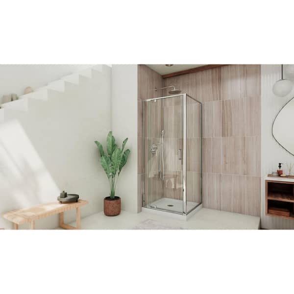 Flex 32 in. x 32 in. x 76.75 in. Framed Corner Pivot Shower Kit in Chrome with Shower Base in White