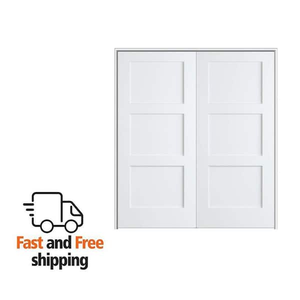 Shaker Flat Panel 48 in. x 80 in. Both Active Solid Core Primed Composite Double Prehung French Door w/ 4-9/16 in. Jamb