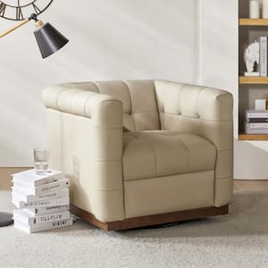 Gunther Beige Genuine Leather Swivel Club Chair with Wooden Apron