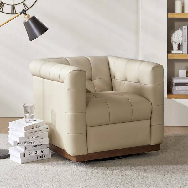 JAYDEN CREATION Gunther Beige Genuine Leather Swivel Club Chair with ...