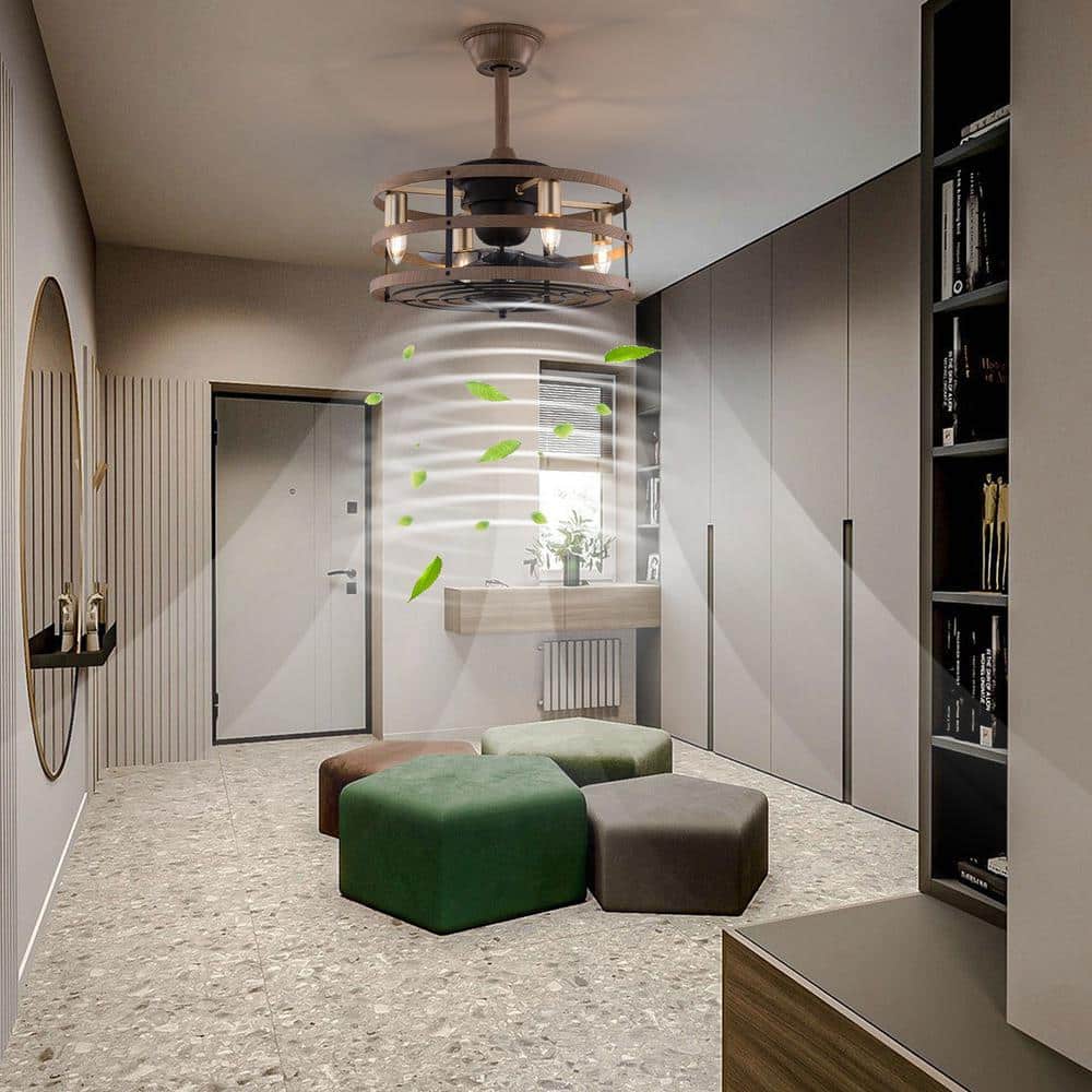 18-Inch Light Brown Caged Ceiling Fan with Remote and Lighting