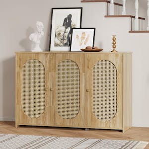 Natural Wood 48.8 in. Sideboard with 3 Rattan Doors and Metal Handles