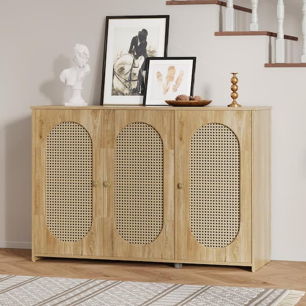 Harper & Bright Designs Natural Wood 48.8 in. Sideboard with 3 Rattan Doors and Metal Handles