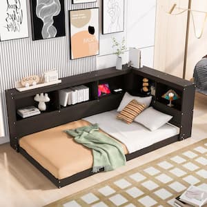 Espresso Twin Size Wood Daybed with 5 Open Cabinets, Charging Station, USB Ports