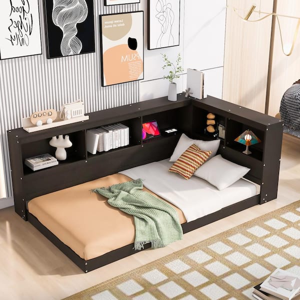 Harper & Bright Designs Espresso Twin Size Wood Daybed with 5 Open Cabinets, Charging Station, USB Ports
