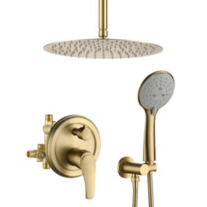 5-Spray Patterns with 2.35 GPM 12 in. H Ceiling Mount Dual Shower Heads with Valve Included in Brushed Gold