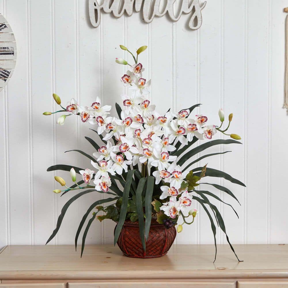 Nearly Natural White Cymbidium Silk Flower Arrangement with Decorative Vase