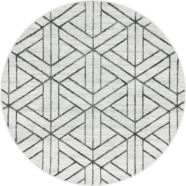 Unique Loom Matrix Trellis Motif White 5 ft. x 5 ft. Round Area Rug