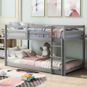 Solid Wood Bunk Beds for Kids, Low Profile Bunk Beds with Ladders on Left or Right Side (Gray)