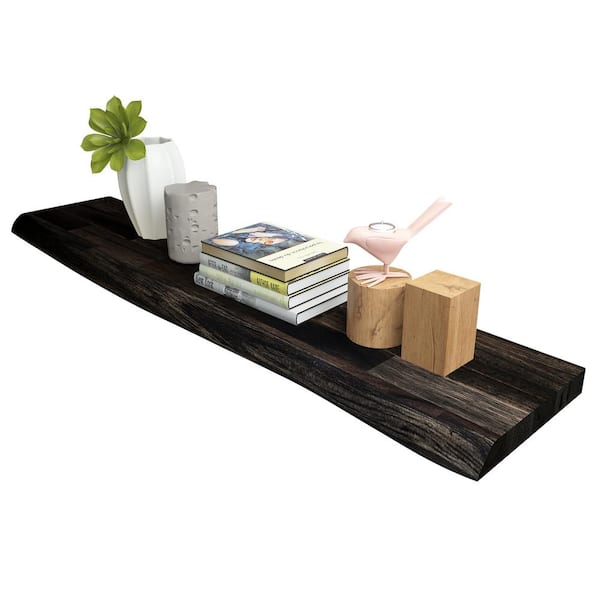 Interbuild Solid 3.9 ft. L x 10 in. D x 1.5 in. T, Acacia Butcher Block Floating Wall Shelf, Espresso with Live Edge