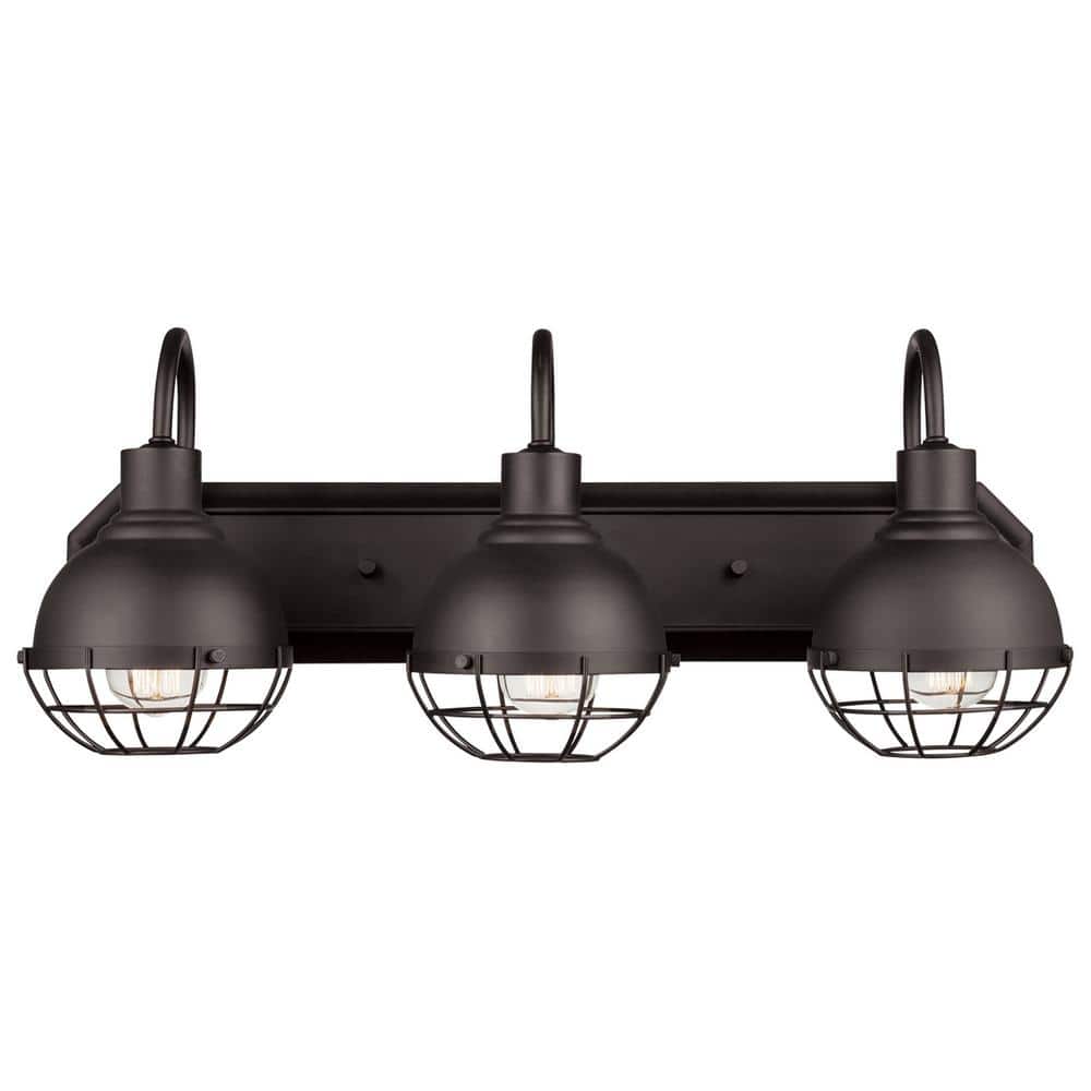 Eli 24.1 in. 3-Light Dark Bronze Vanity Light with Caged Shades, Incandesce