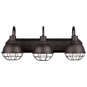 Eli 24.1 in. 3-Light Dark Bronze Vanity Light with Caged Shades, Incandescent Bulbs Included