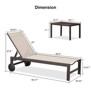 Aluminum Bronze Frame Outdoor Metal Patio Chaise Lounge with Side Table and Wheels, Misty Grey