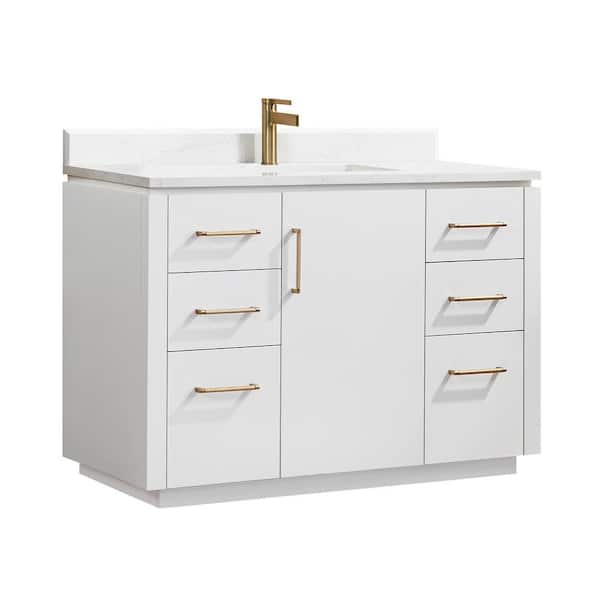 San 48 in. W x 22 in. D x 33.8 in. H Single Bath Vanity in White with White Engineered Stone Composite Top