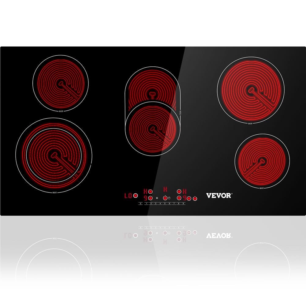 VEVOR Built in Electric Stove Top 35.4 x 20.5 in. 5-Burners Ceramic Glass Radiant Cooktop with Timer and Child Lock, Black