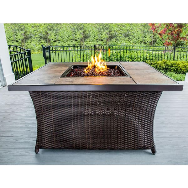 Hanover Woven 40 000 Btu Fire Pit Coffee Table With Porcelain Tile Top, Will A Fire Pit Damage My Porcelain Patio